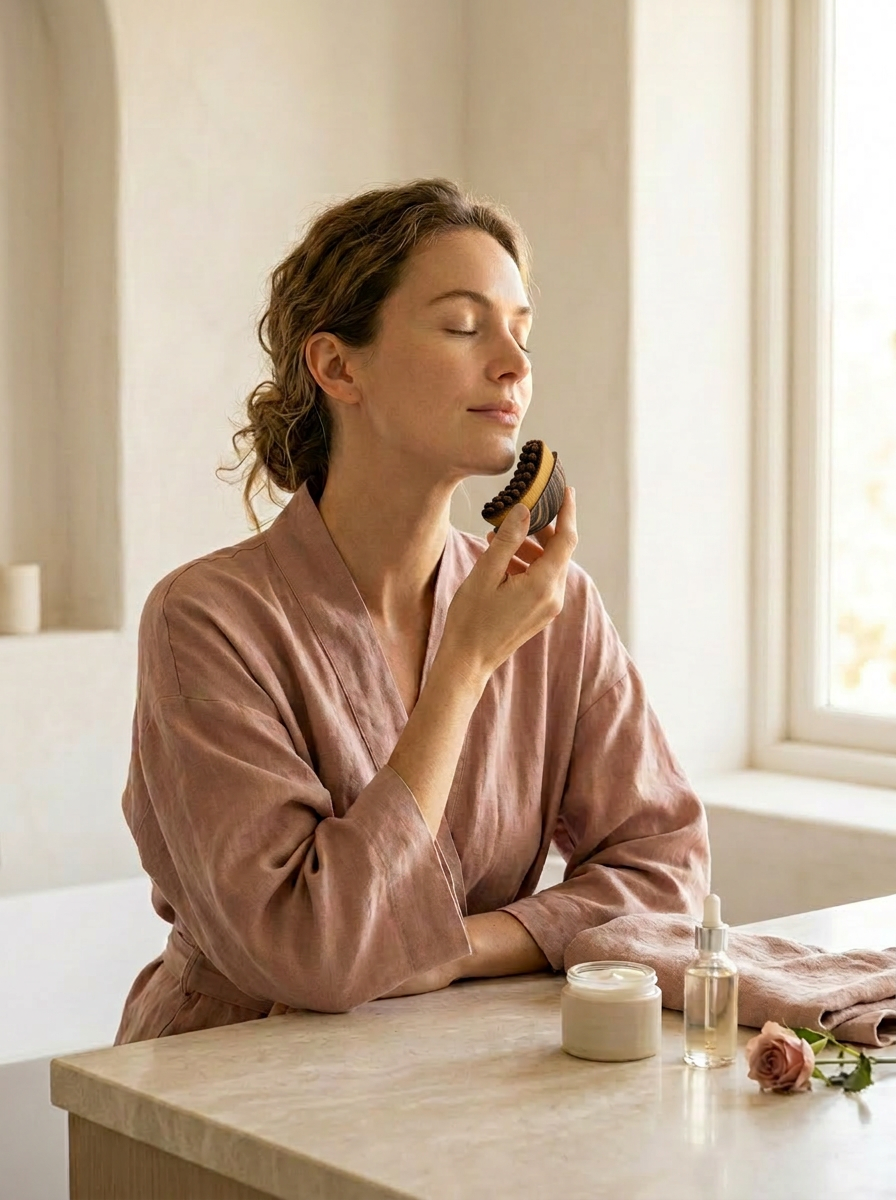 Woman using The Radiant Sculpt Brush in her morning skincare routine